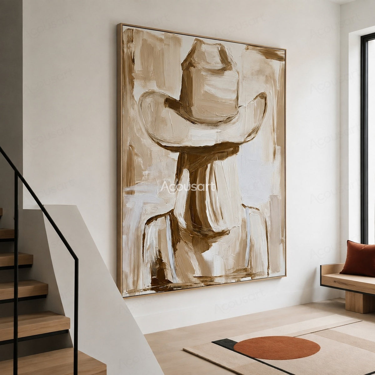Textured cowboy hat wall art with neutral beige and brown tones in a rustic western style