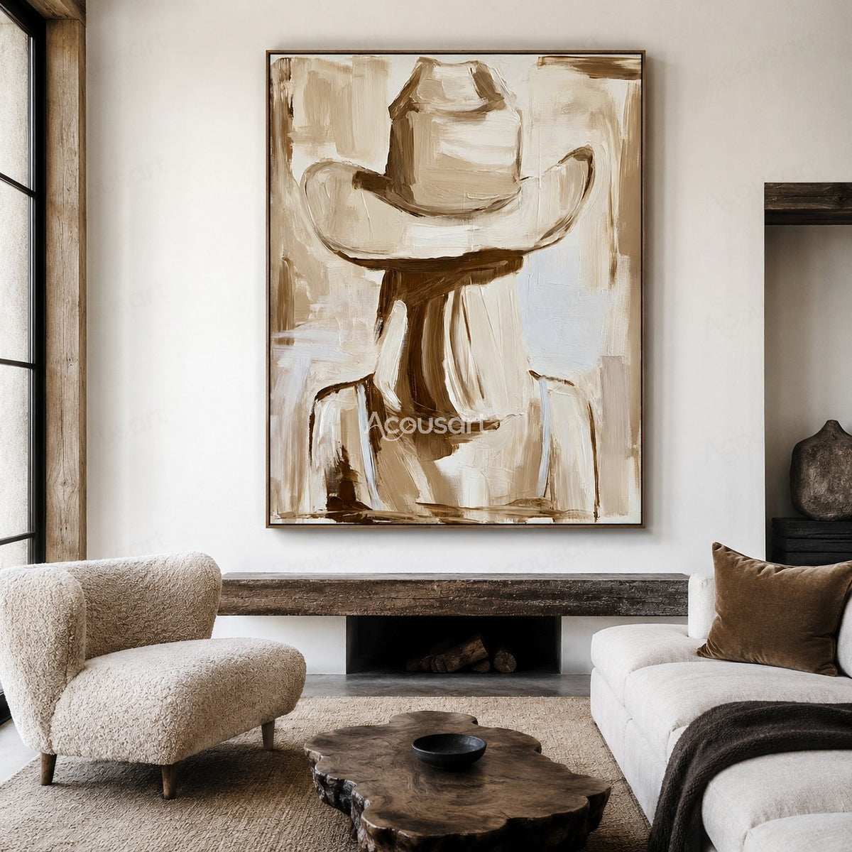 Textured cowboy hat wall art with neutral beige and brown tones in a rustic western style