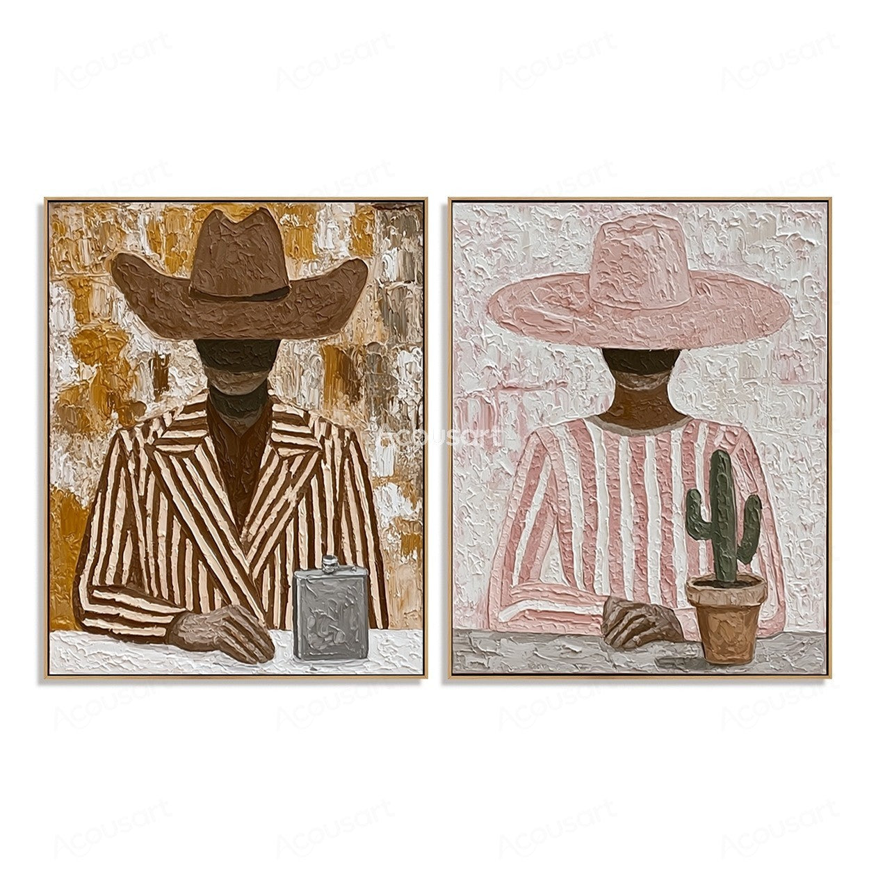 Textured western cowboy portrait wall art set with two figures wearing cowboy hats, striped clothing, and cactus decor