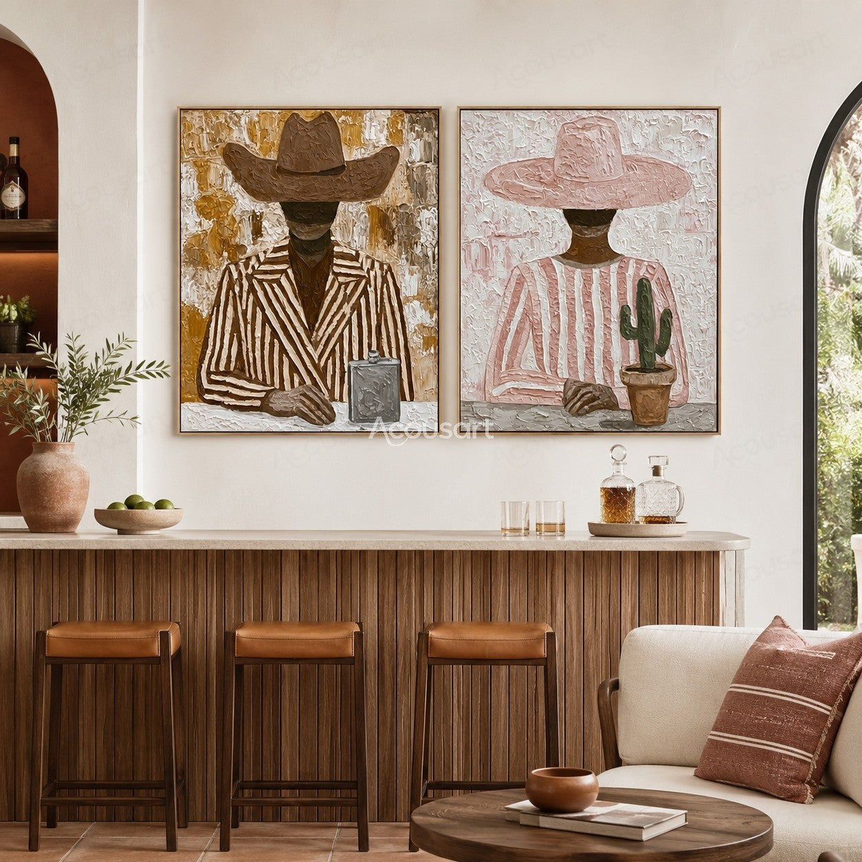 Textured western cowboy portrait wall art set with two figures wearing cowboy hats, striped clothing, and cactus decor
