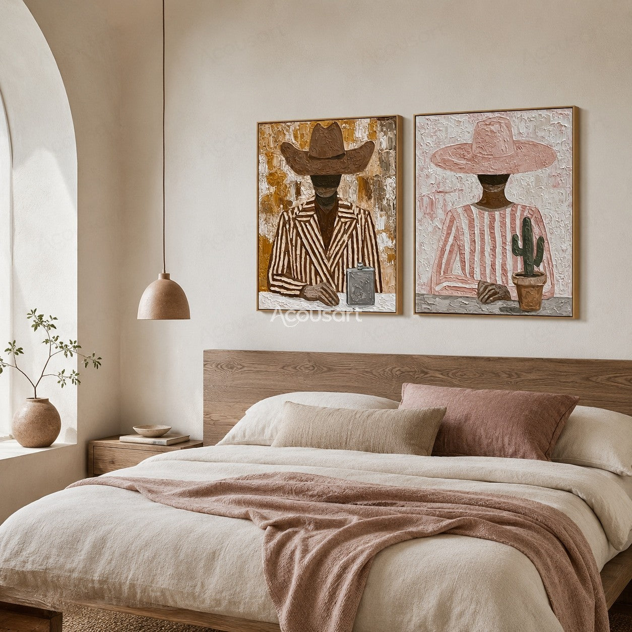 Textured western cowboy portrait wall art set with two figures wearing cowboy hats, striped clothing, and cactus decor
