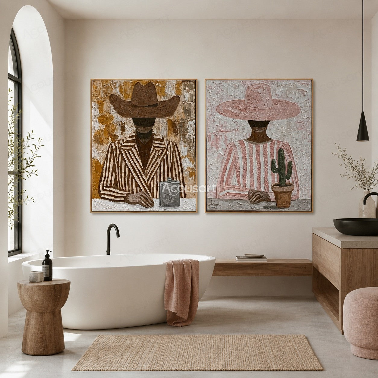 Textured western cowboy portrait wall art set with two figures wearing cowboy hats, striped clothing, and cactus decor