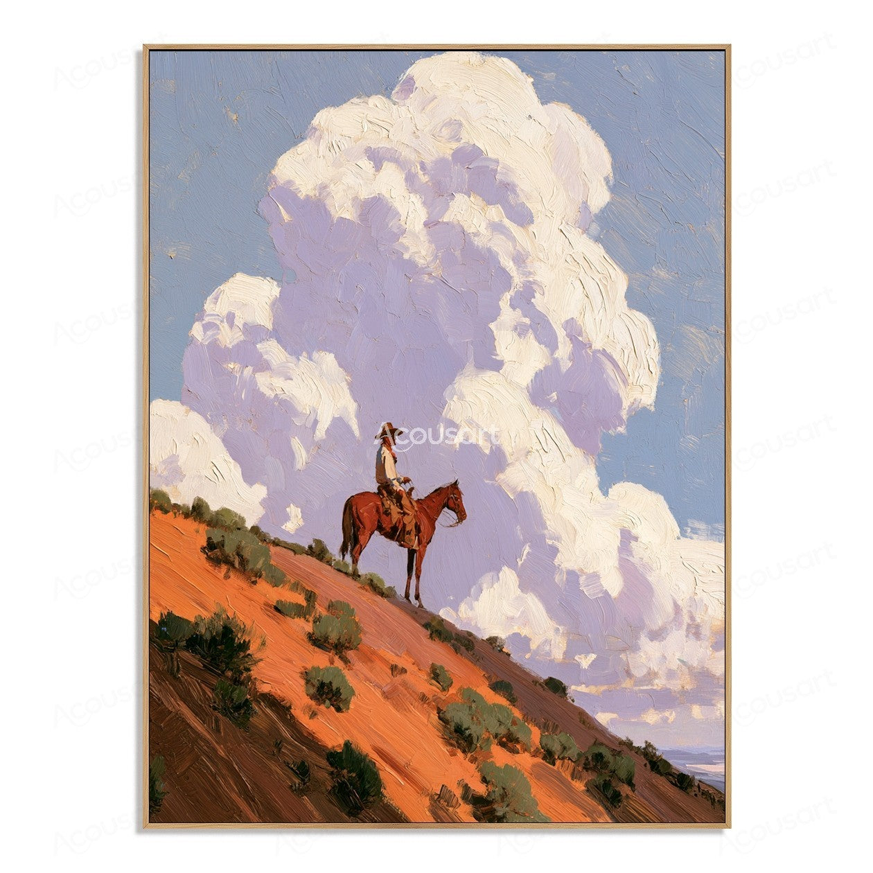 Western horse rider landscape wall art with orange desert hills, blue sky, and large textured clouds