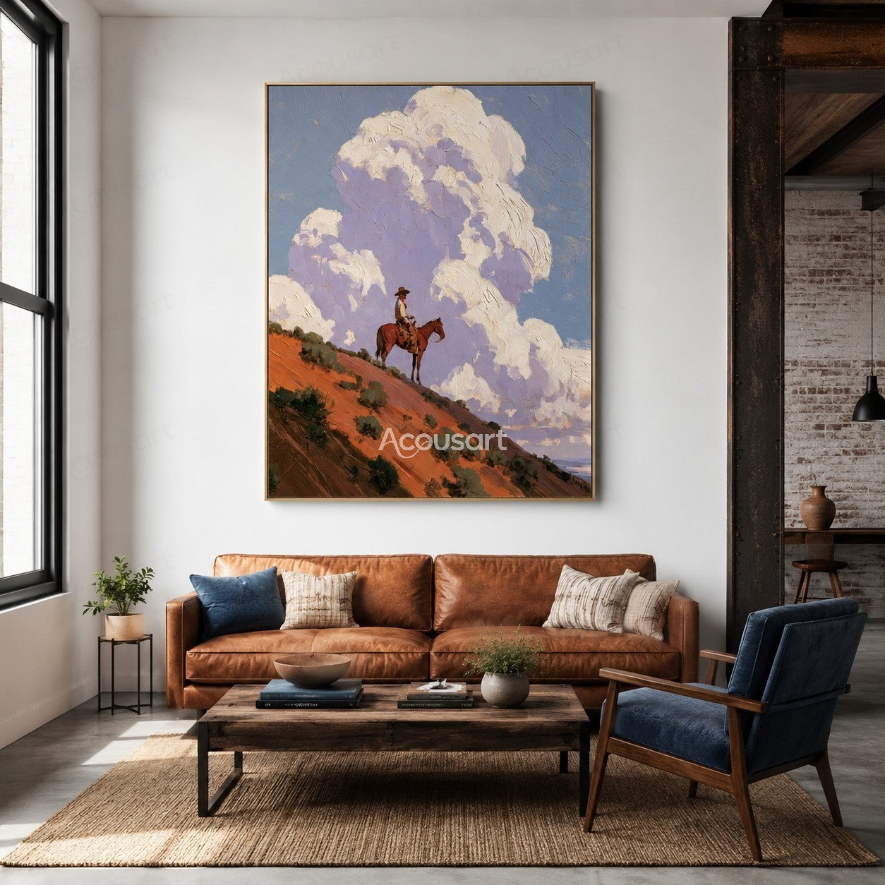 Western horse rider landscape wall art with orange desert hills, blue sky, and large textured clouds
