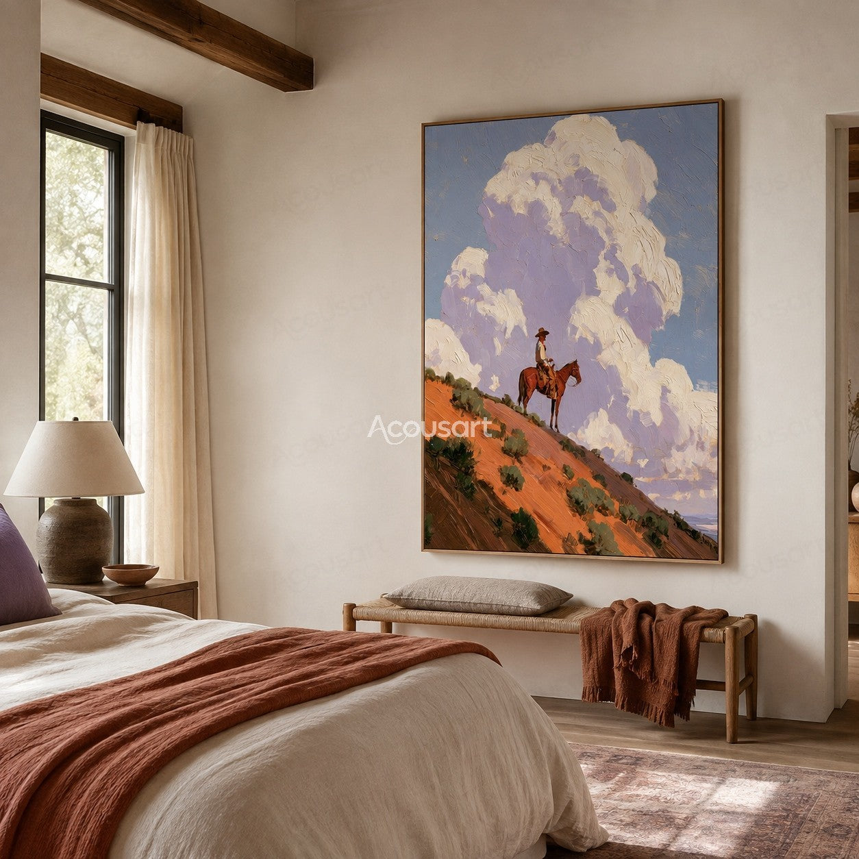 Western horse rider landscape wall art with orange desert hills, blue sky, and large textured clouds