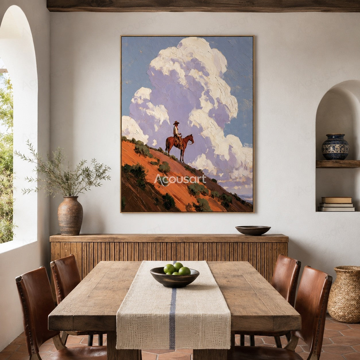 Western horse rider landscape wall art with orange desert hills, blue sky, and large textured clouds