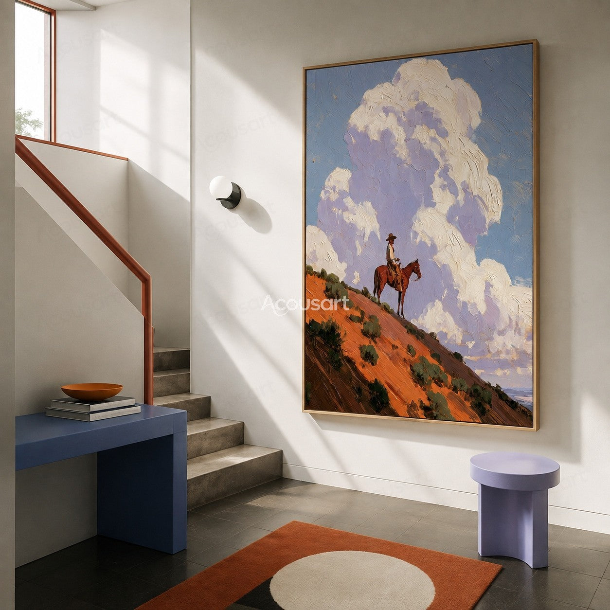 Western horse rider landscape wall art with orange desert hills, blue sky, and large textured clouds