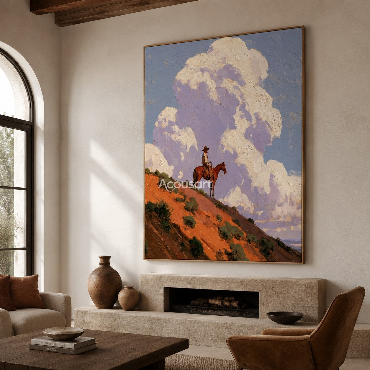 Western horse rider landscape wall art with orange desert hills, blue sky, and large textured clouds