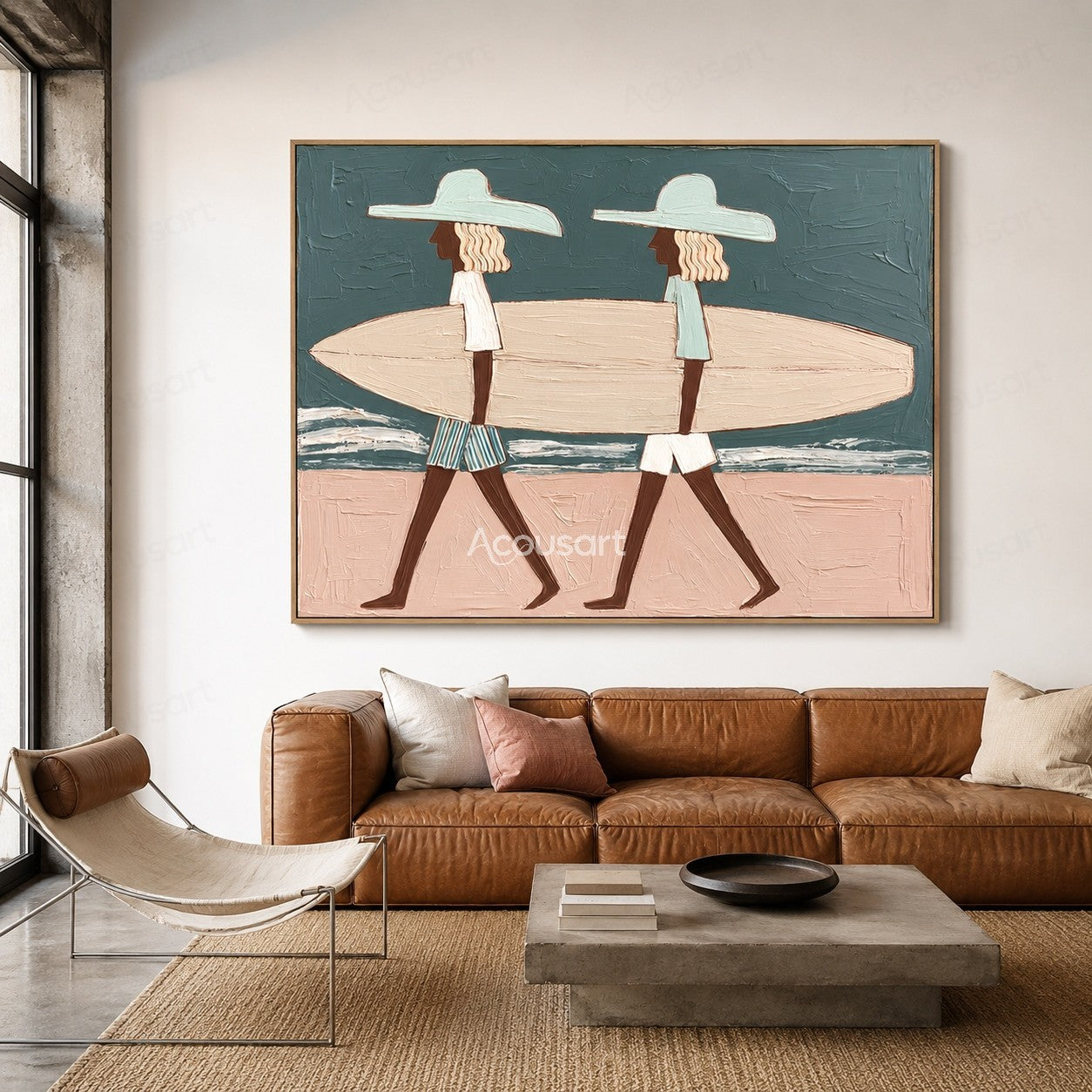 Textured coastal beach wall art showing two people carrying a surfboard with ocean and sand background