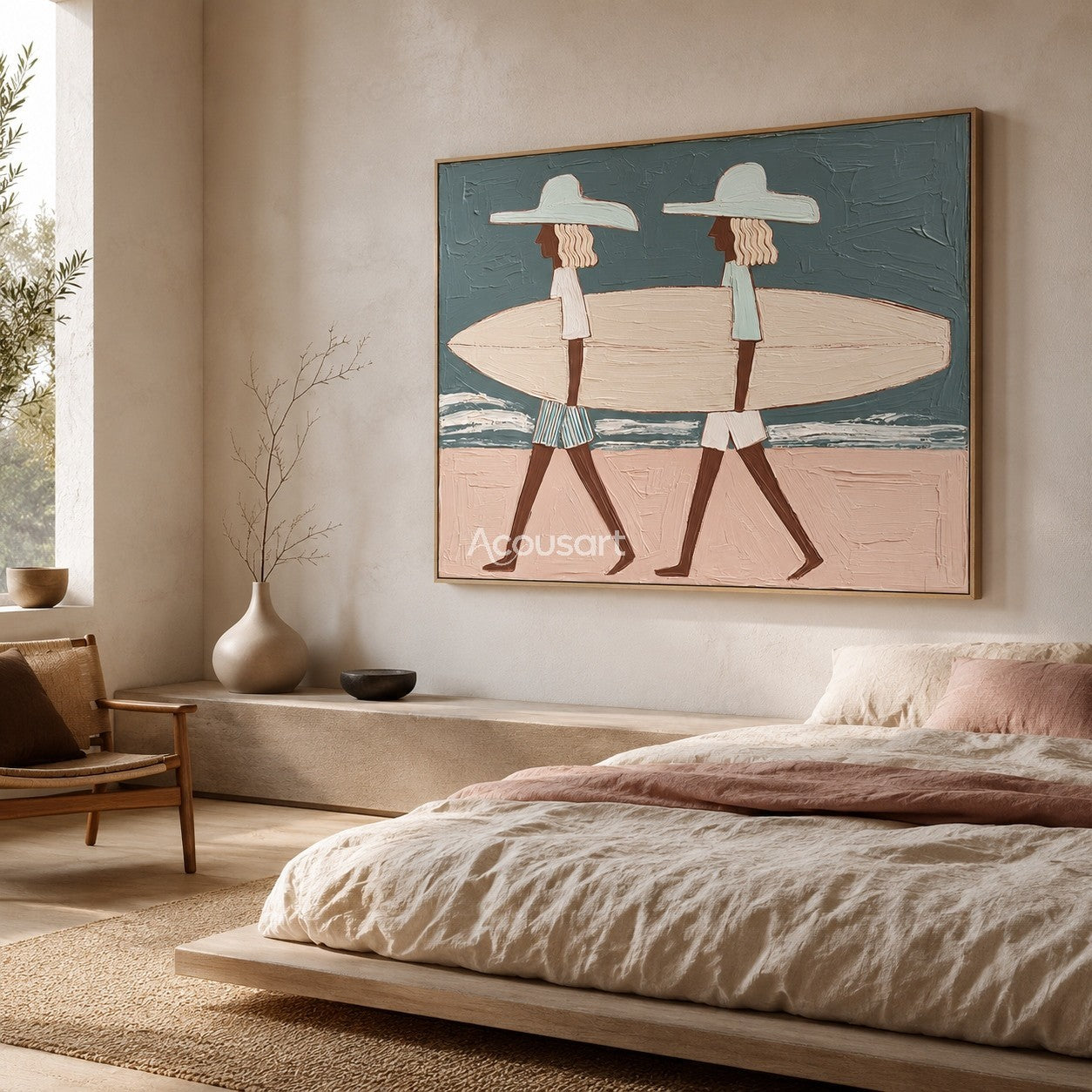 Textured coastal beach wall art showing two people carrying a surfboard with ocean and sand background