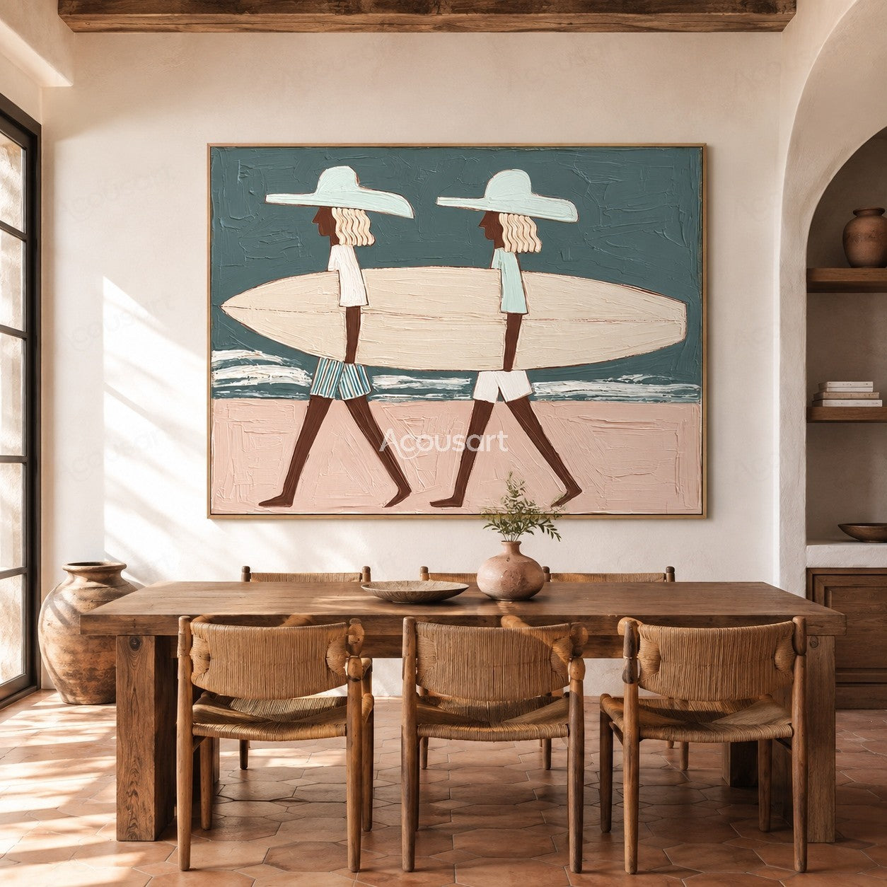 Textured coastal beach wall art showing two people carrying a surfboard with ocean and sand background