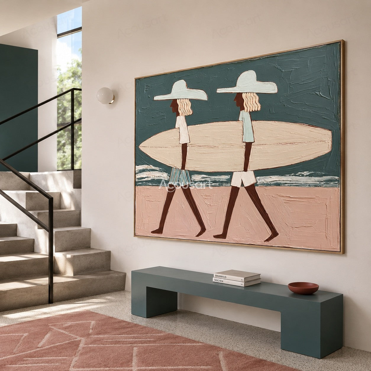Textured coastal beach wall art showing two people carrying a surfboard with ocean and sand background