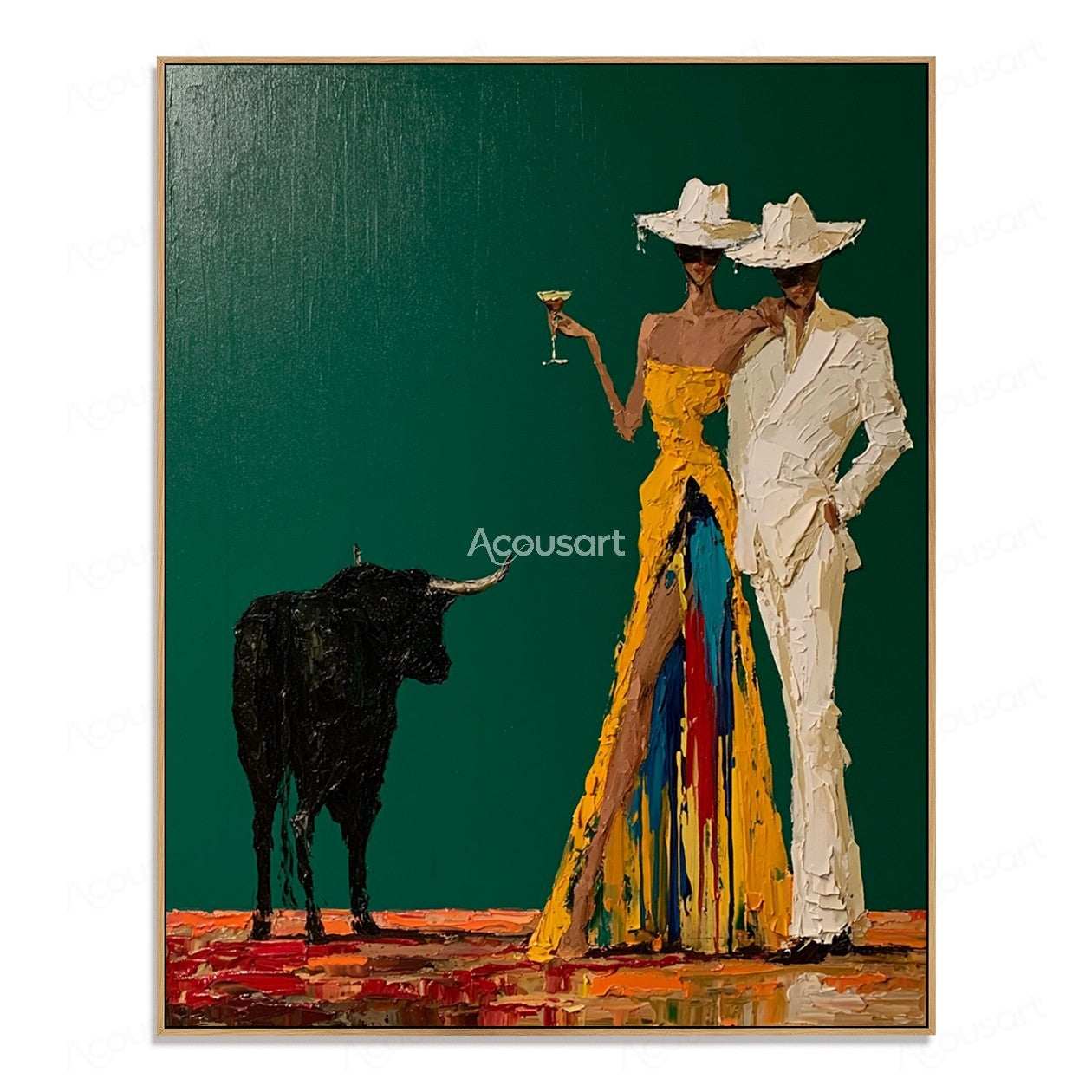 Textured western cowboy couple wall art with hats, bull, colorful outfits, and rustic desert style