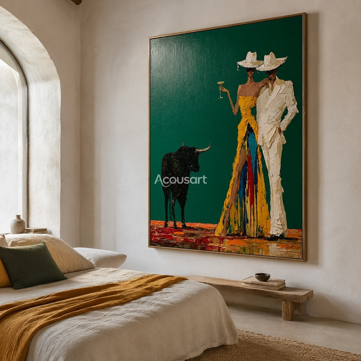 Textured western cowboy couple wall art with hats, bull, colorful outfits, and rustic desert style