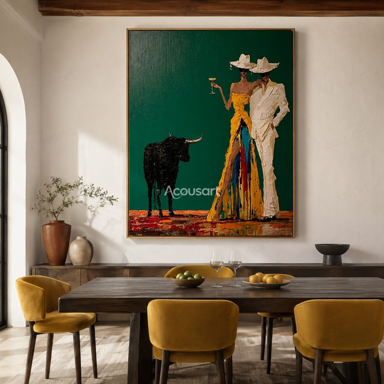 Textured western cowboy couple wall art with hats, bull, colorful outfits, and rustic desert style