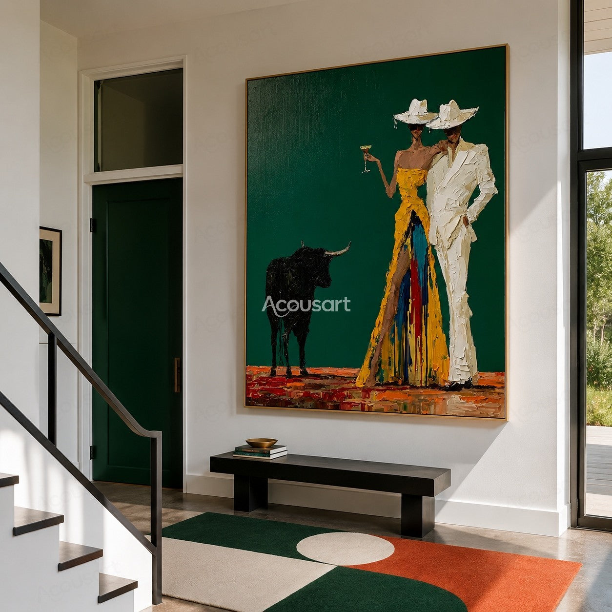 Textured western cowboy couple wall art with hats, bull, colorful outfits, and rustic desert style