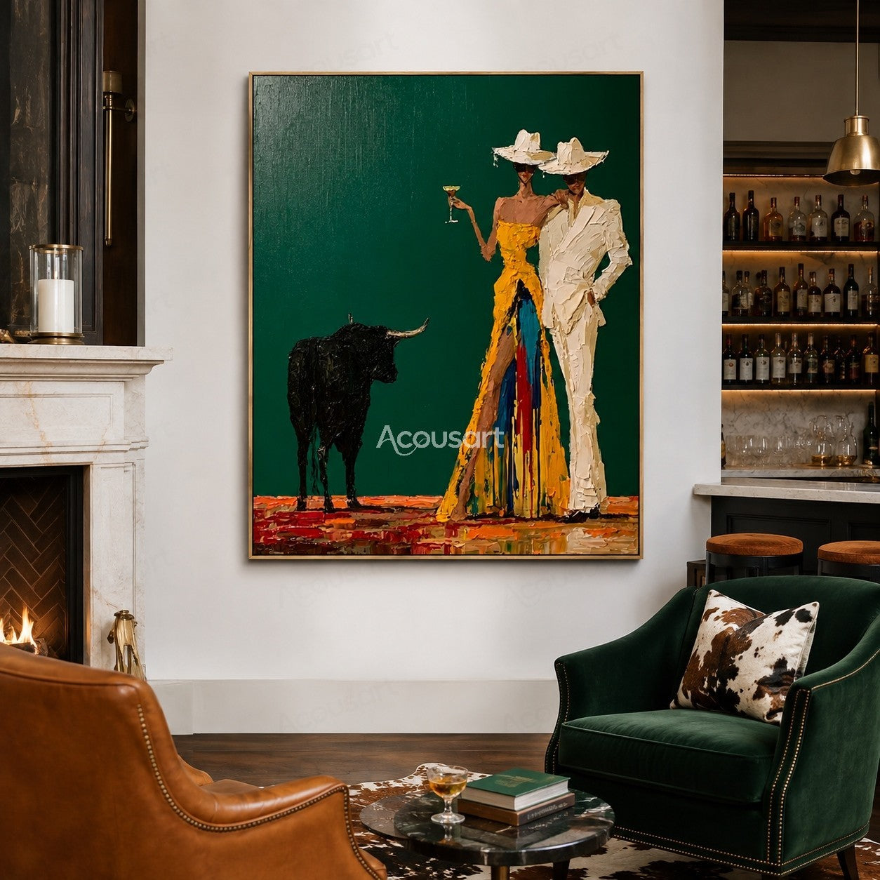 Textured western cowboy couple wall art with hats, bull, colorful outfits, and rustic desert style