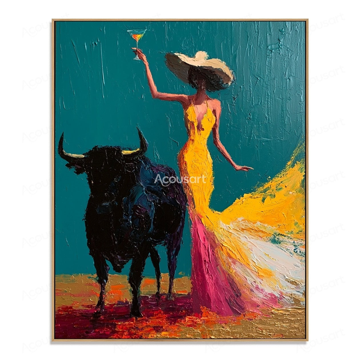 Textured western woman wall art with black bull, yellow dress, cowboy hat, and colorful abstract background