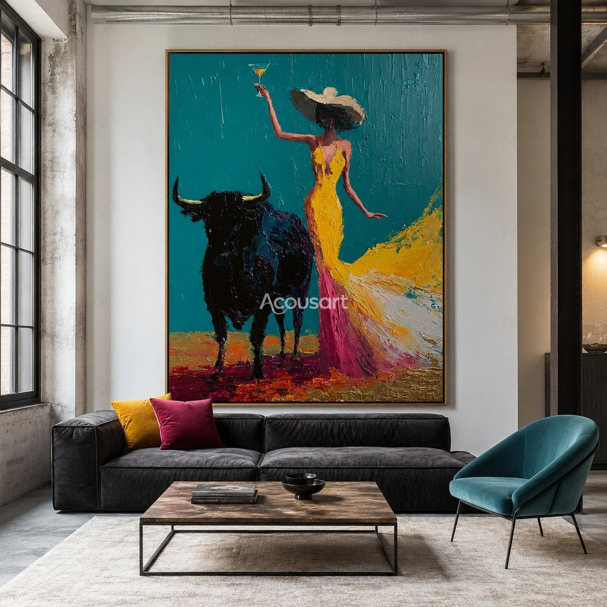 Textured western woman wall art with black bull, yellow dress, cowboy hat, and colorful abstract background