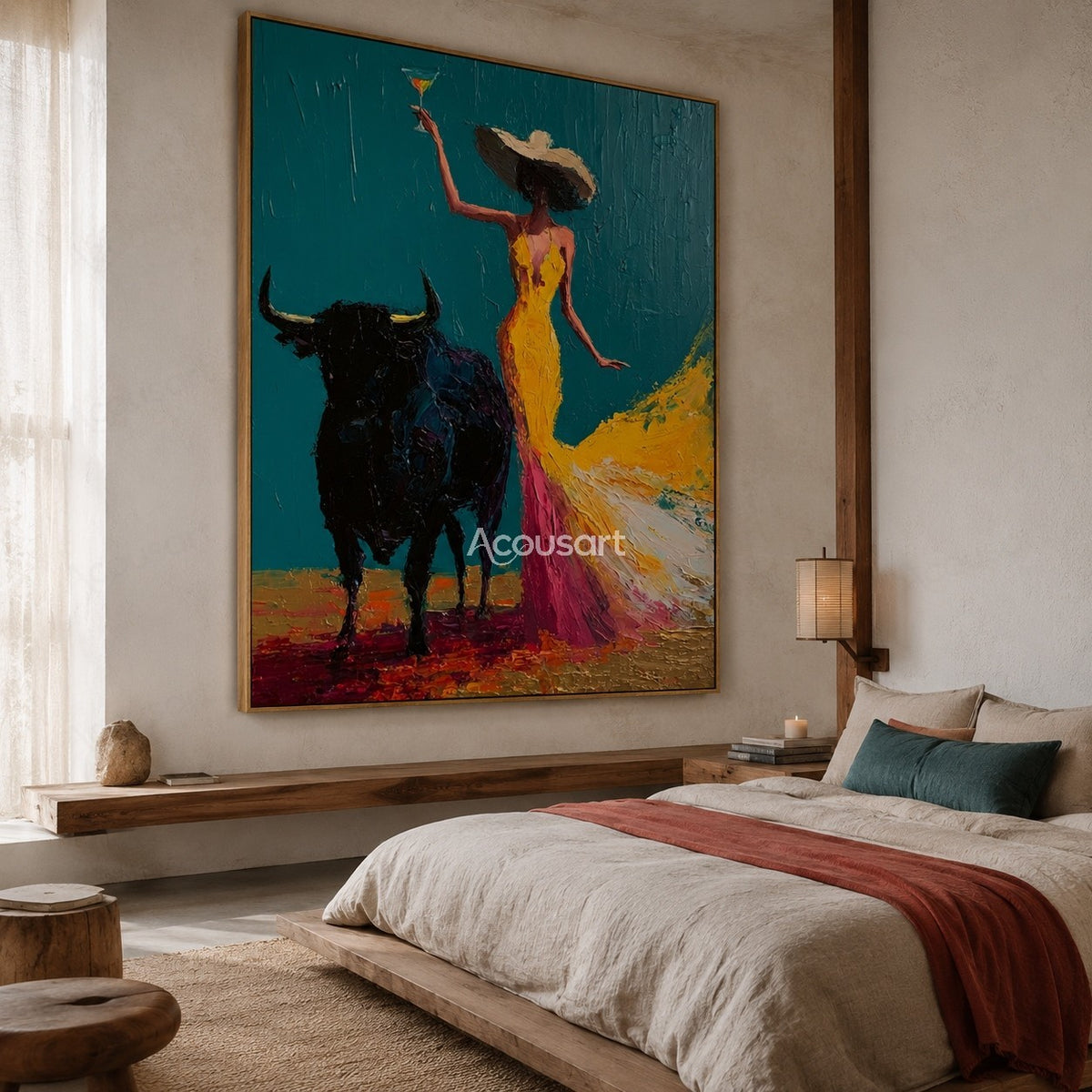 Textured western woman wall art with black bull, yellow dress, cowboy hat, and colorful abstract background