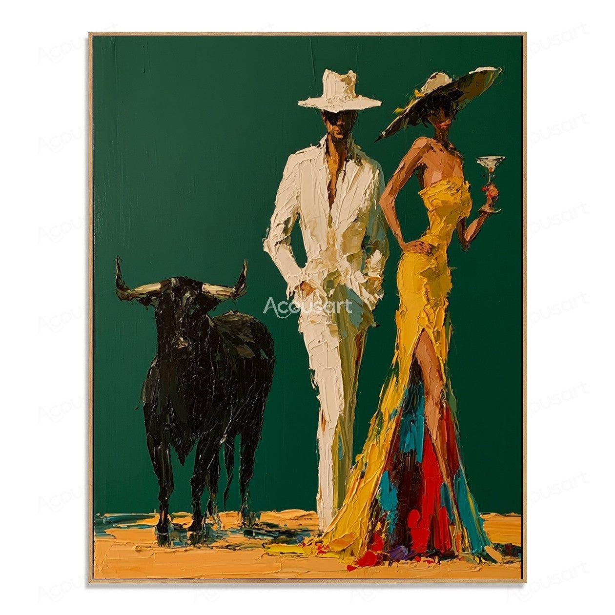 Textured western couple wall art with cowboy hats, black bull, yellow dress, and luxury rustic style