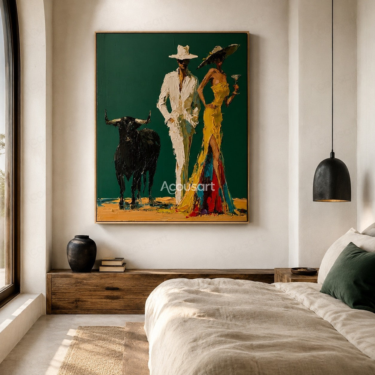 Textured western couple wall art with cowboy hats, black bull, yellow dress, and luxury rustic style