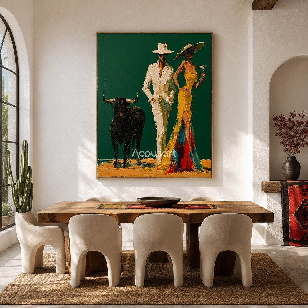 Textured western couple wall art with cowboy hats, black bull, yellow dress, and luxury rustic style