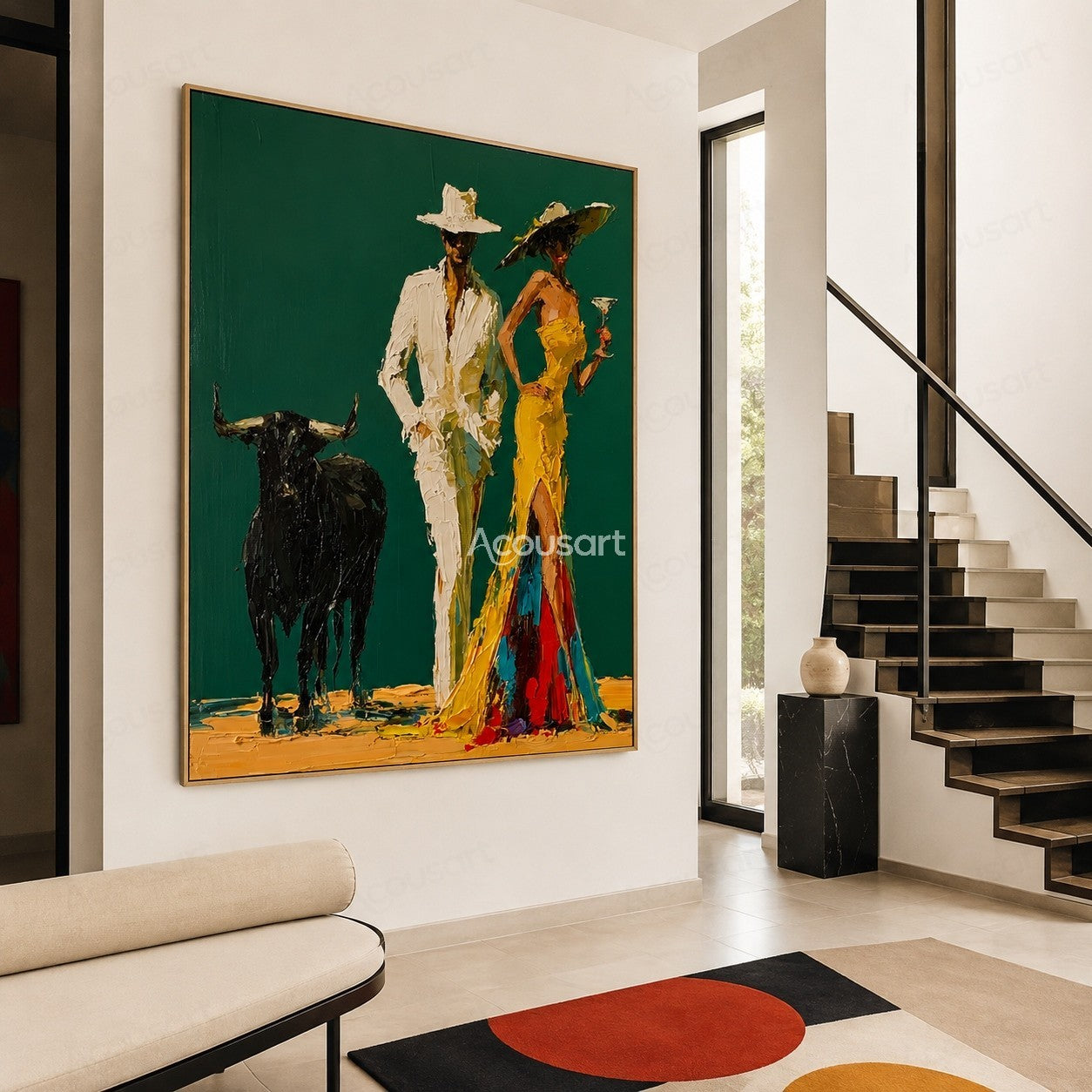 Textured western couple wall art with cowboy hats, black bull, yellow dress, and luxury rustic style