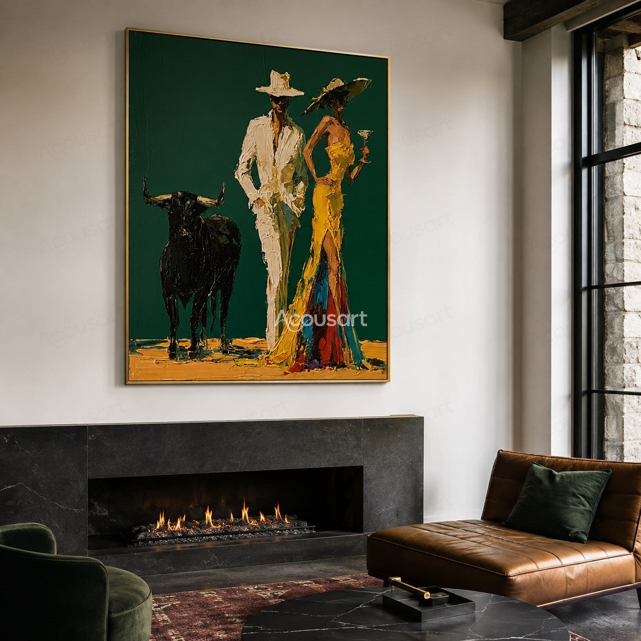 Textured western couple wall art with cowboy hats, black bull, yellow dress, and luxury rustic style