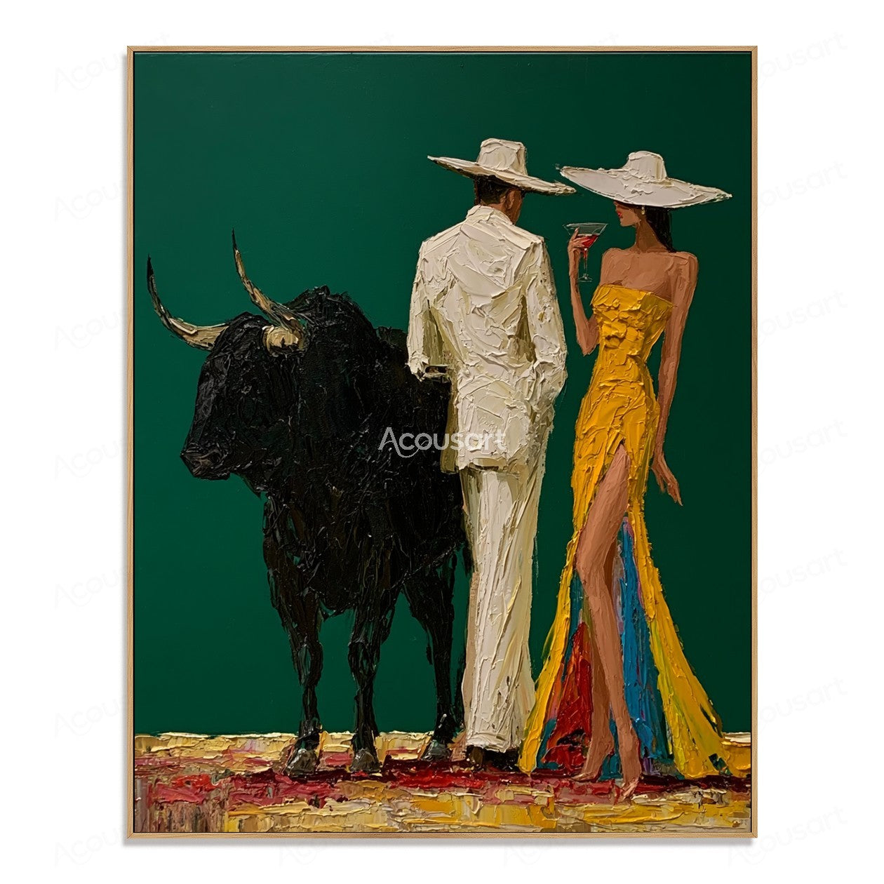 Textured western wall art featuring cowboy couple with hats and black bull on dark green background
