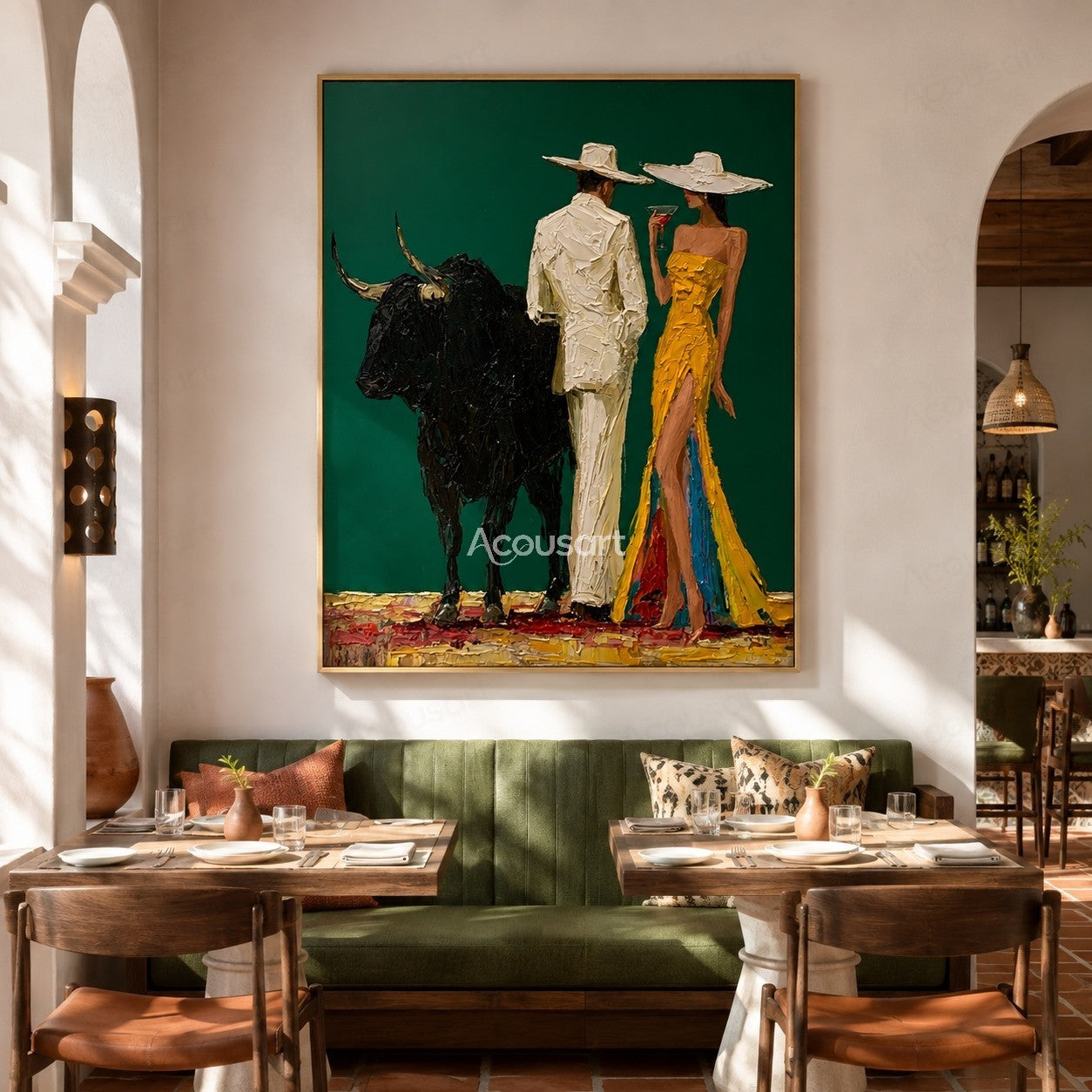 Textured western wall art featuring cowboy couple with hats and black bull on dark green background