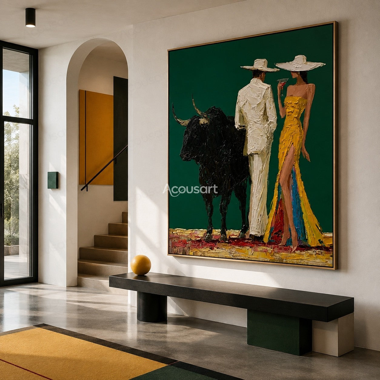 Textured western wall art featuring cowboy couple with hats and black bull on dark green background