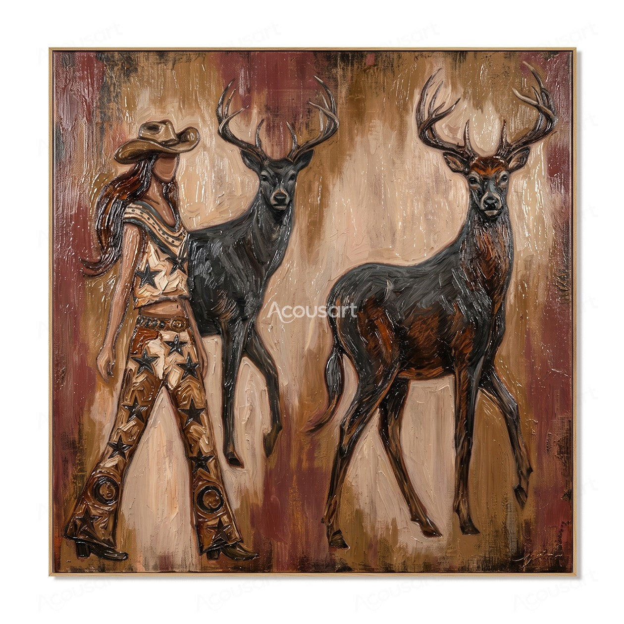 Western cowgirl wall art with two stags in warm brown textured painting