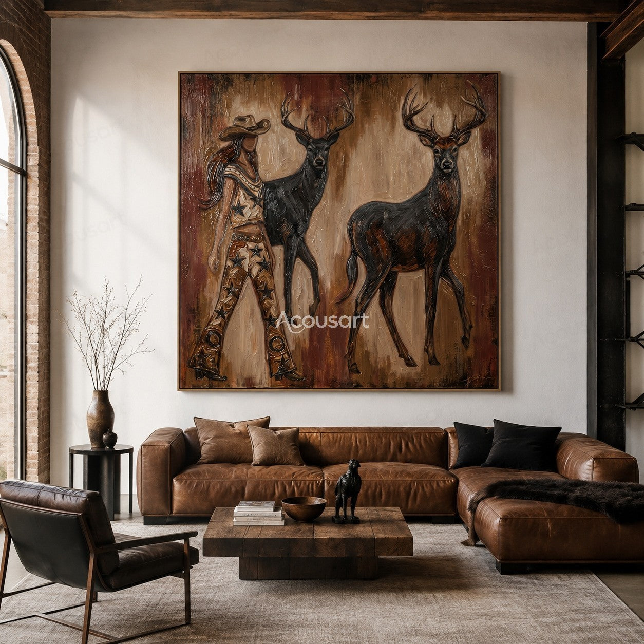 Western cowgirl wall art with two stags in warm brown textured painting