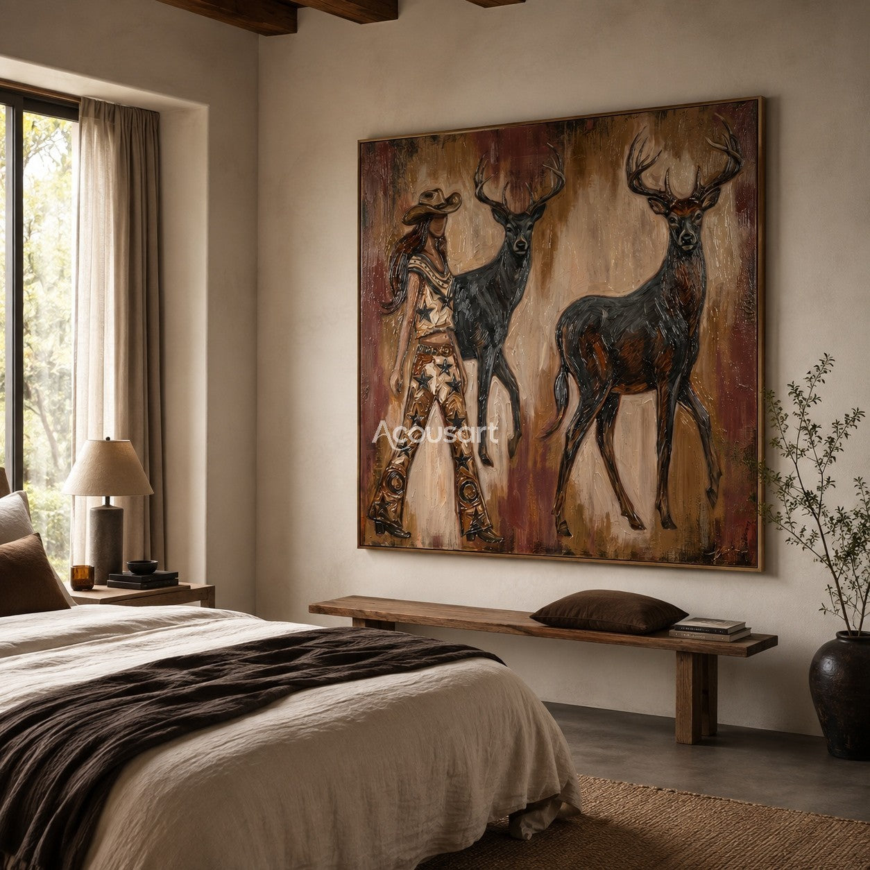 Western cowgirl wall art with two stags in warm brown textured painting