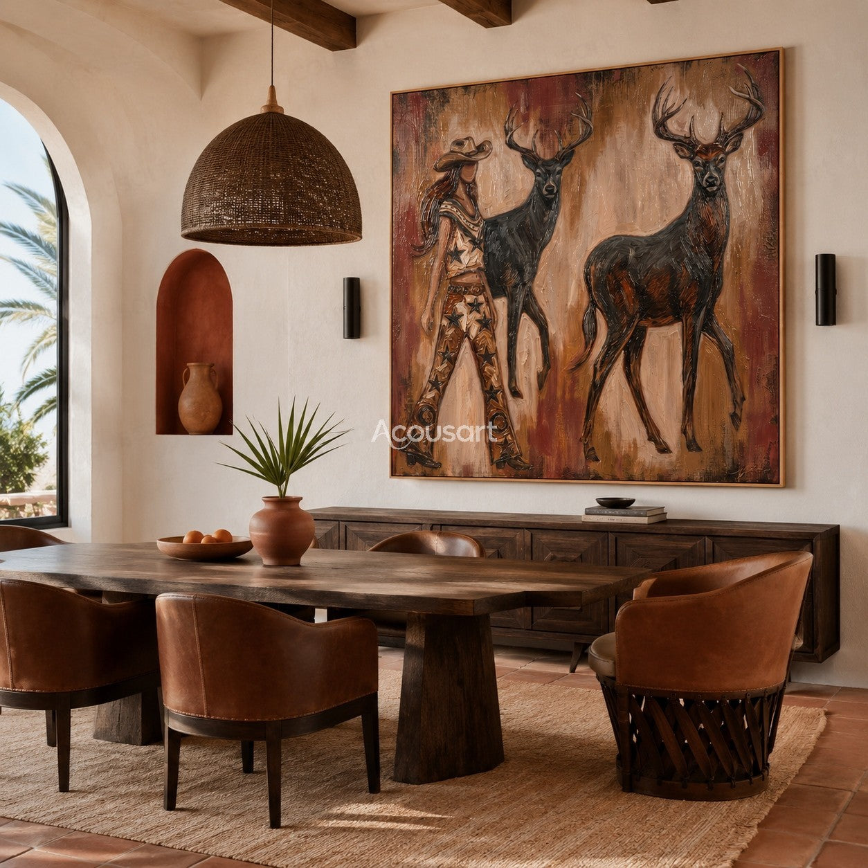 Western cowgirl wall art with two stags in warm brown textured painting