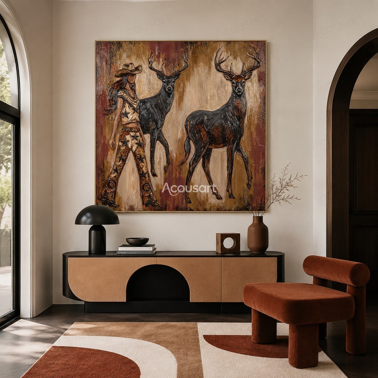 Western cowgirl wall art with two stags in warm brown textured painting
