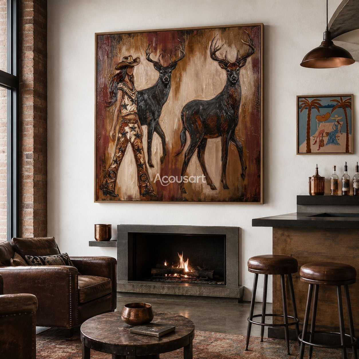 Western cowgirl wall art with two stags in warm brown textured painting