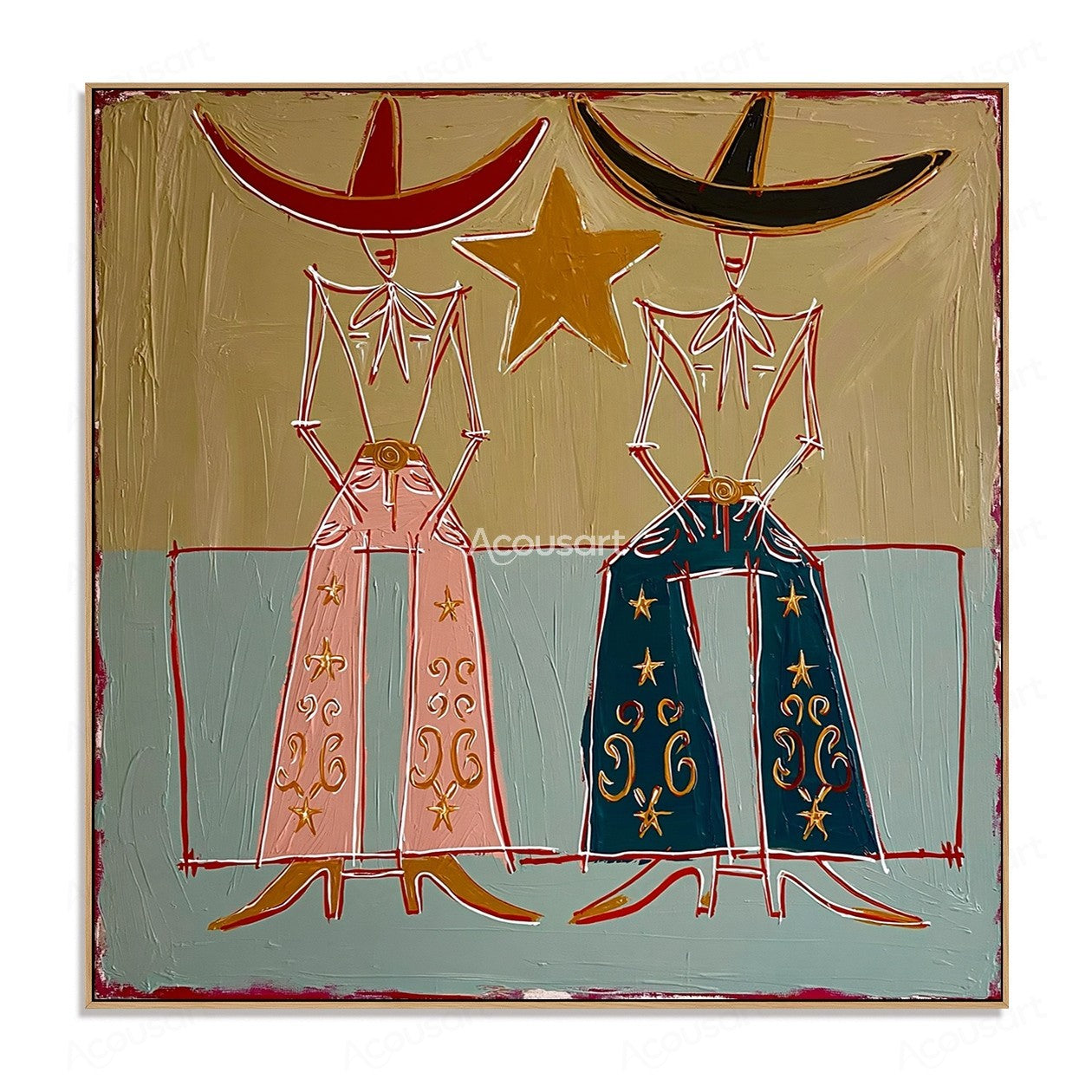 Textured Western cowboy couple wall art with hats, stars, and vintage Americana style