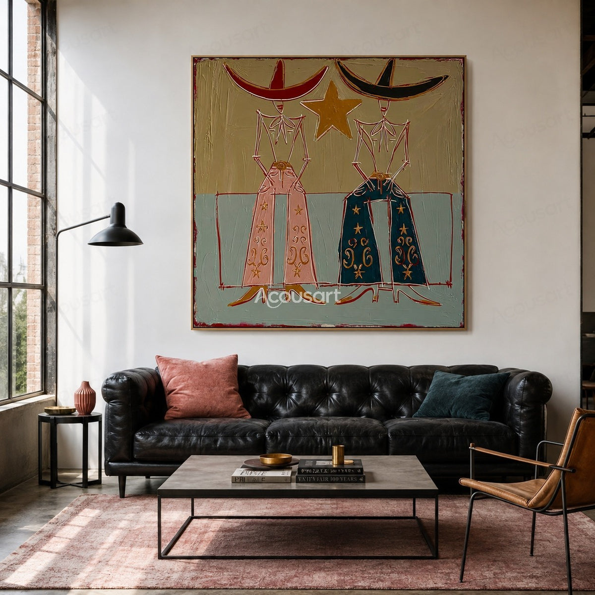 Textured Western cowboy couple wall art with hats, stars, and vintage Americana style