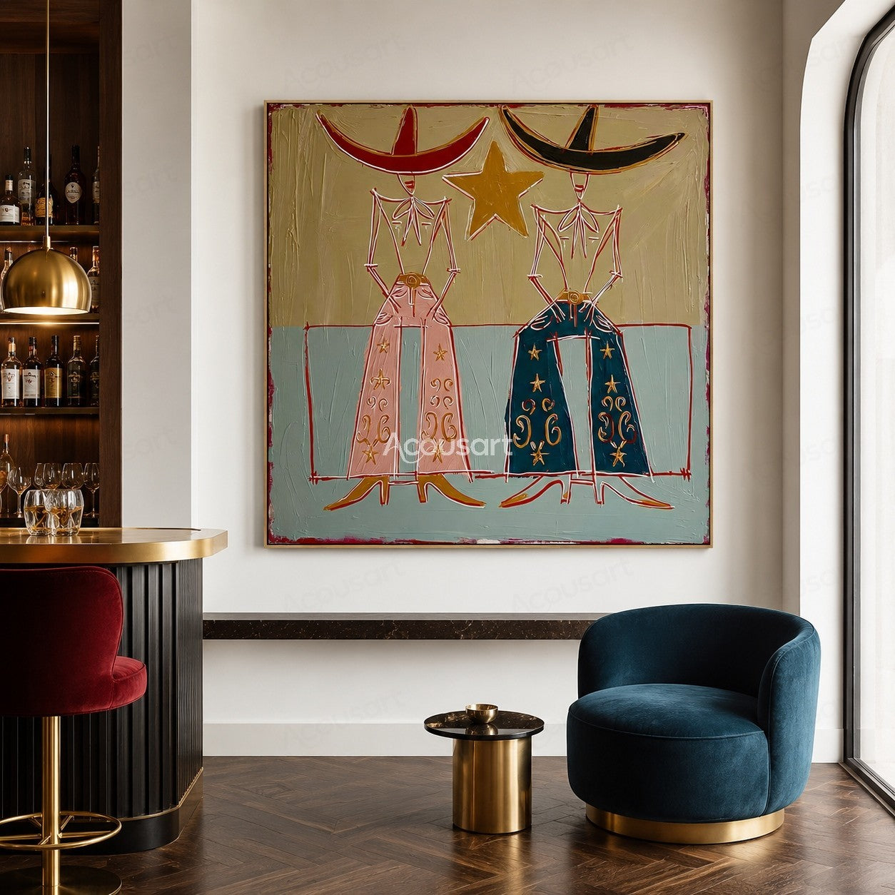 Textured Western cowboy couple wall art with hats, stars, and vintage Americana style
