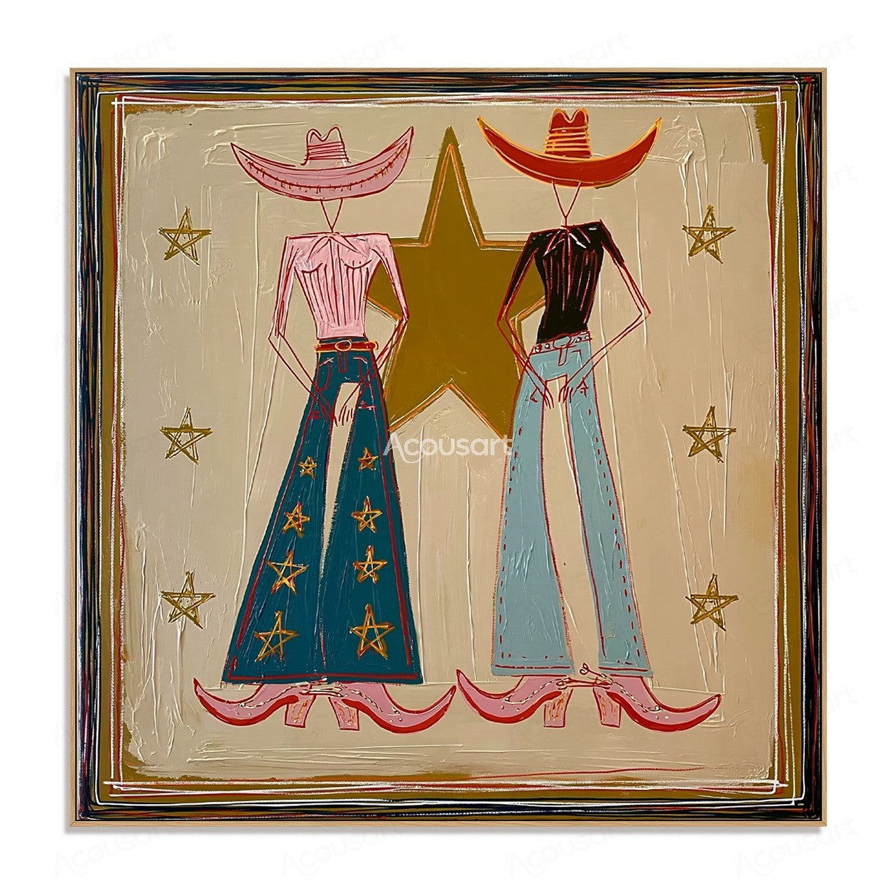 Textured cowboy couple wall art with Western hats, star details, and Americana style painting