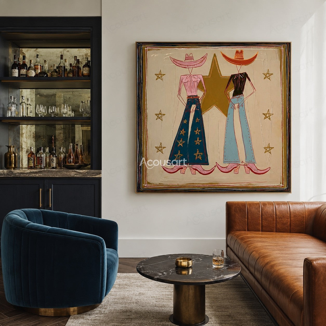 Textured cowboy couple wall art with Western hats, star details, and Americana style painting