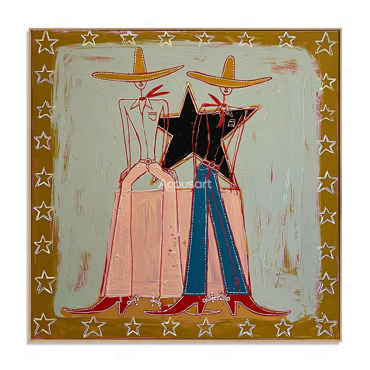 Cowboy couple textured wall art with Western hats, stars, and Americana style painting