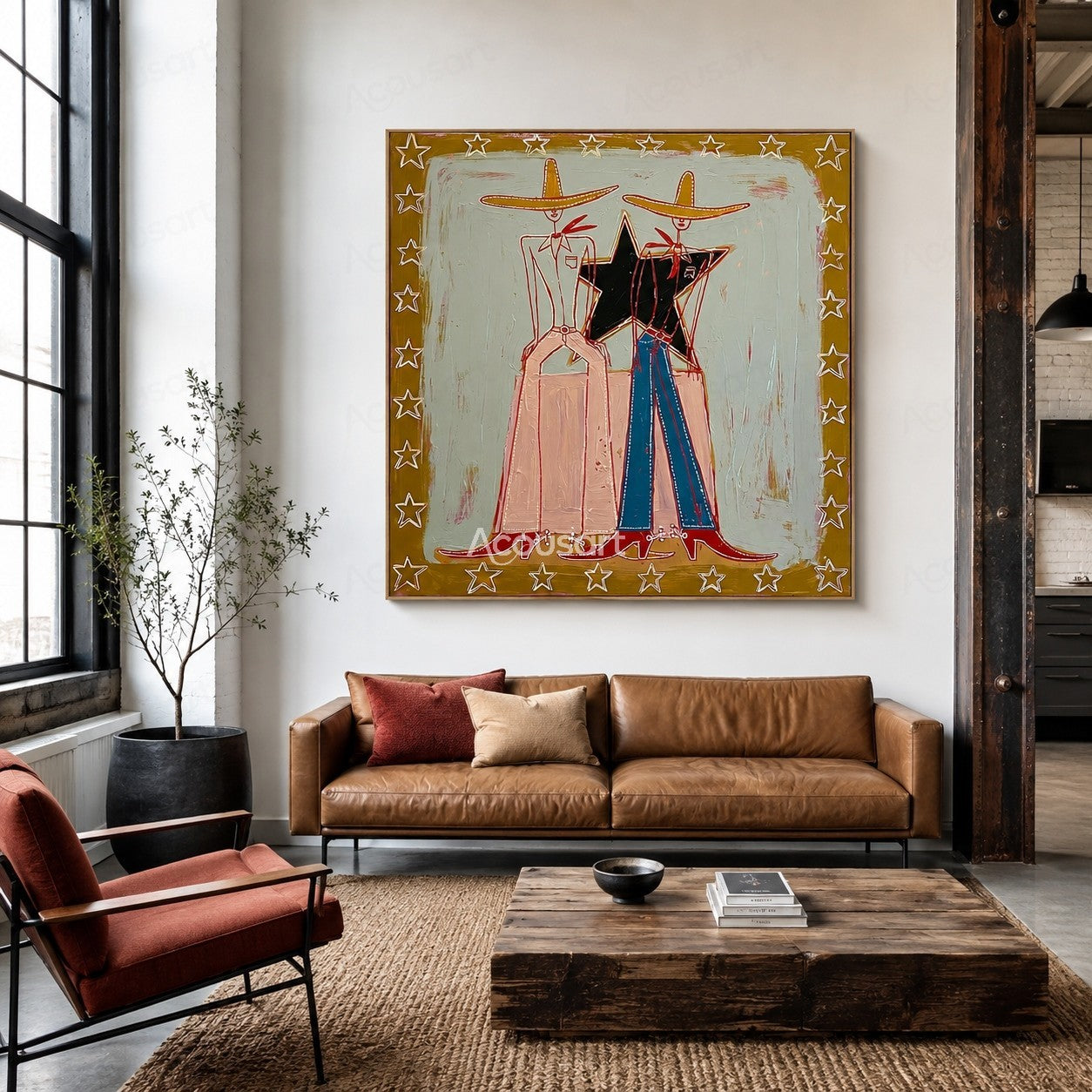 Cowboy couple textured wall art with Western hats, stars, and Americana style painting