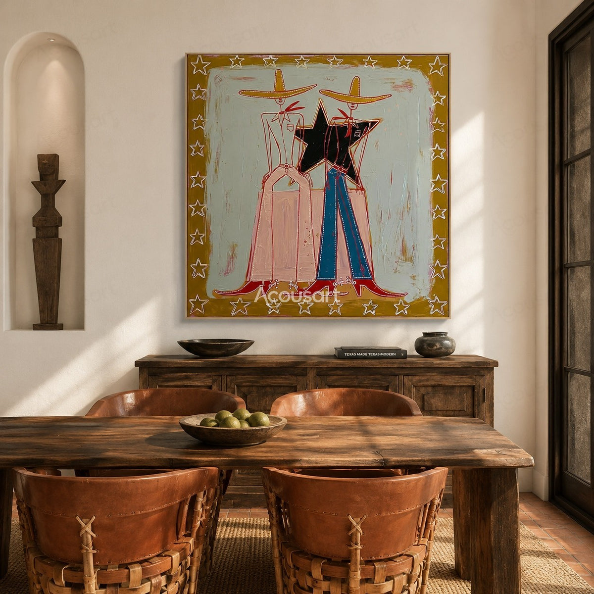 Cowboy couple textured wall art with Western hats, stars, and Americana style painting