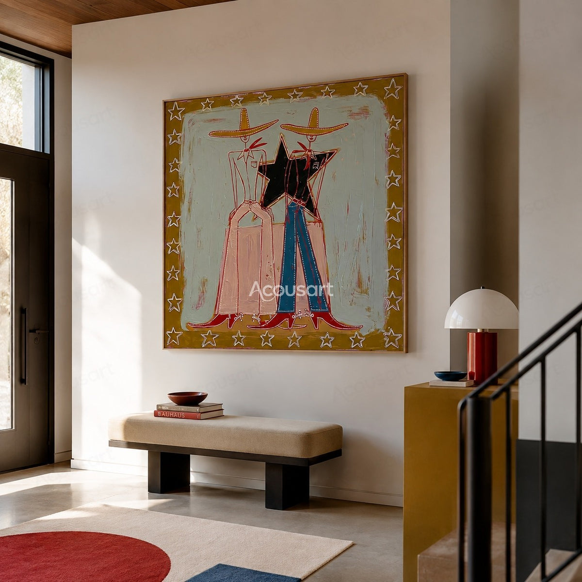 Cowboy couple textured wall art with Western hats, stars, and Americana style painting