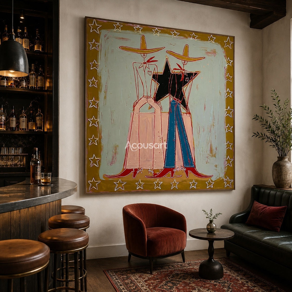 Cowboy couple textured wall art with Western hats, stars, and Americana style painting