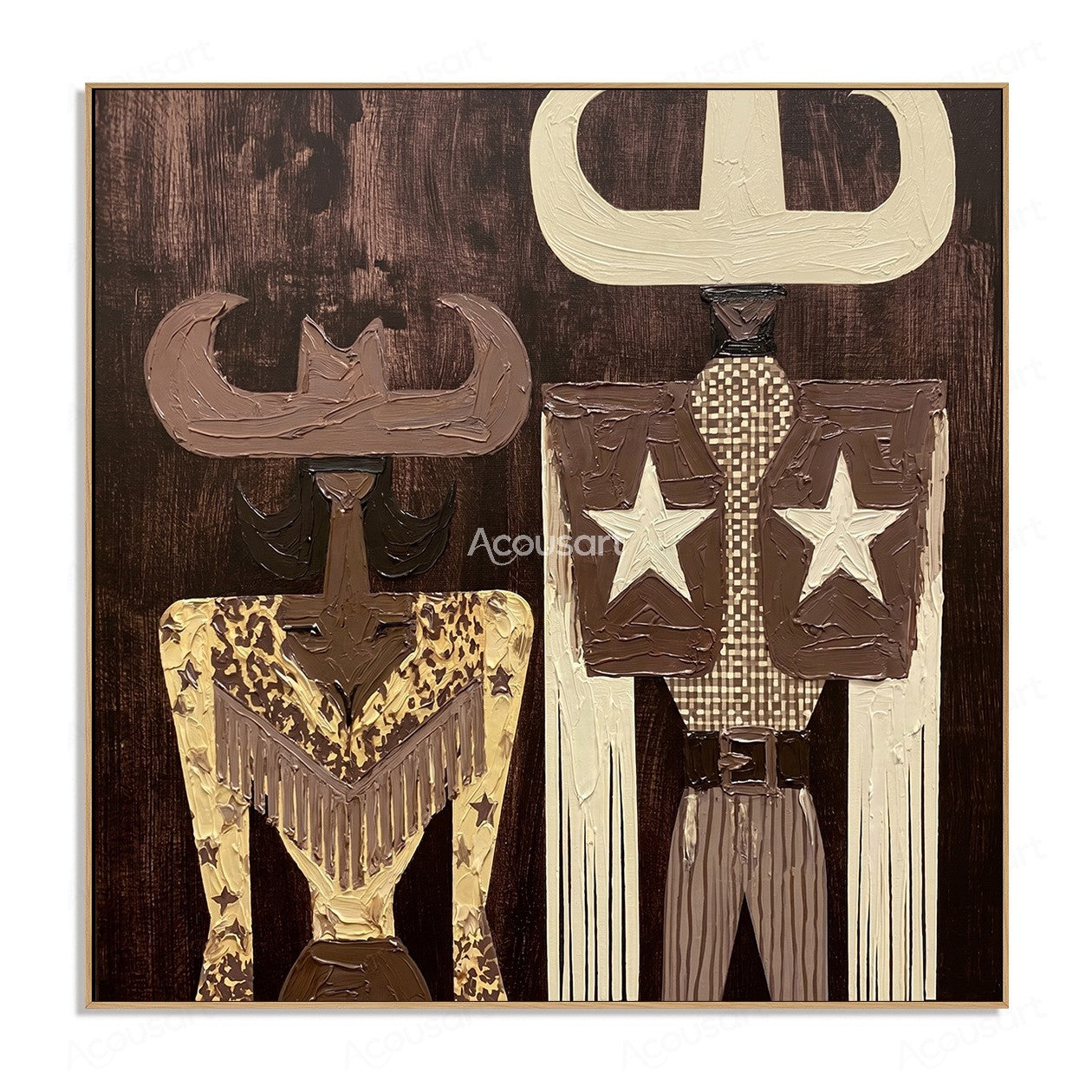 Textured cowboy couple wall art with Western hats, stars, and vintage Americana style