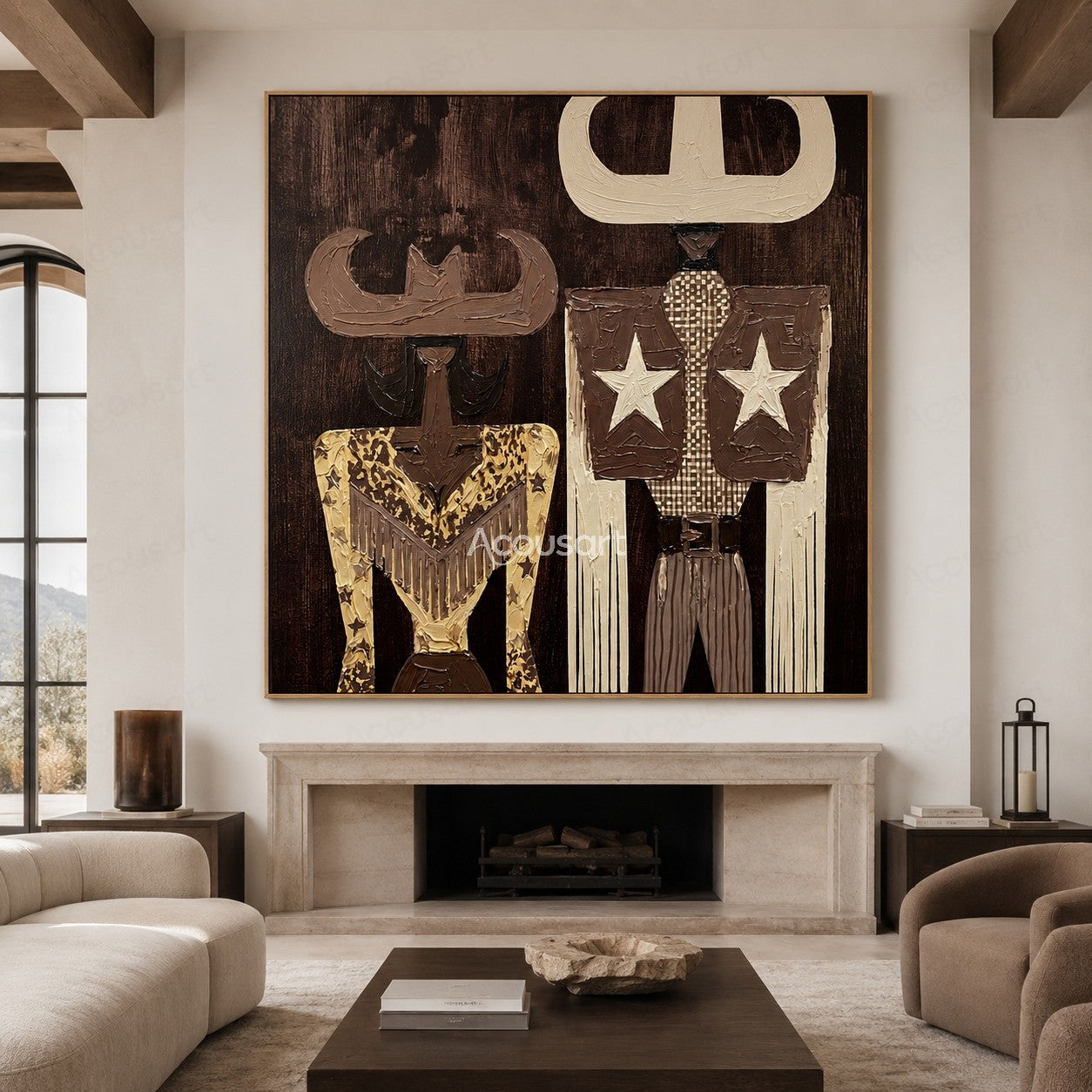 Textured cowboy couple wall art with Western hats, stars, and vintage Americana style